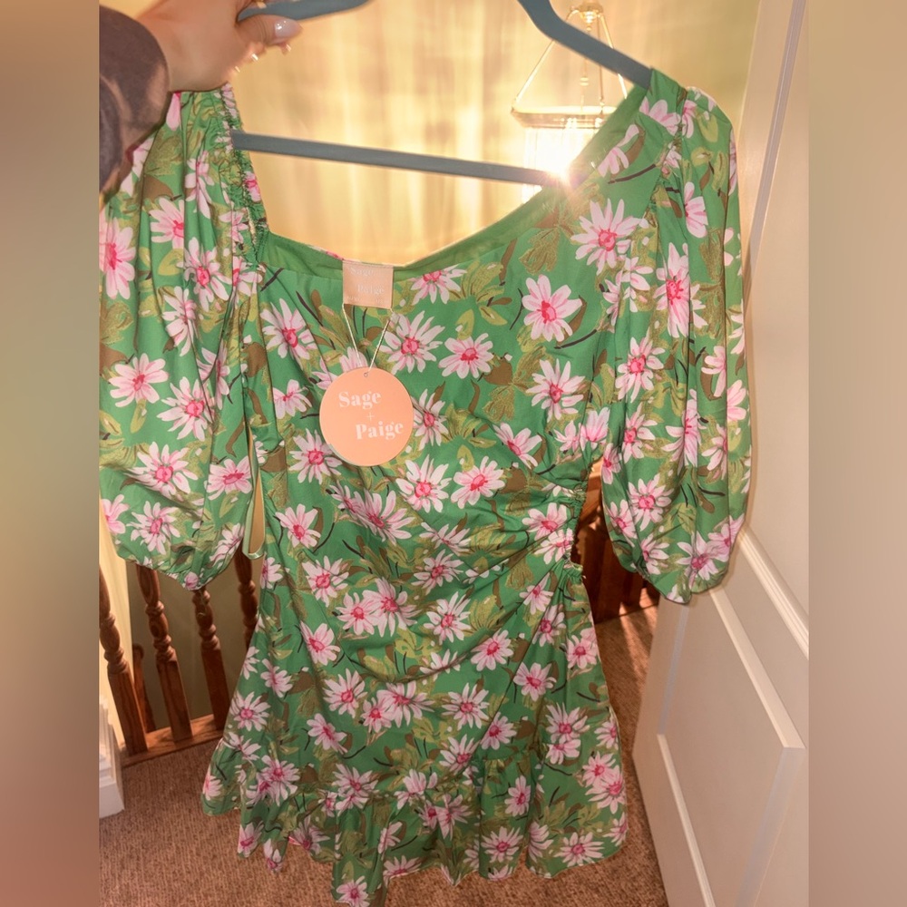 Sage and Paige Green Dress with Pink and White Floral Design